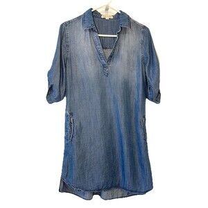 Anthropologie Cloth & Stone Chambray Lyocell Tunic Shirt Dress Blue Pockets S